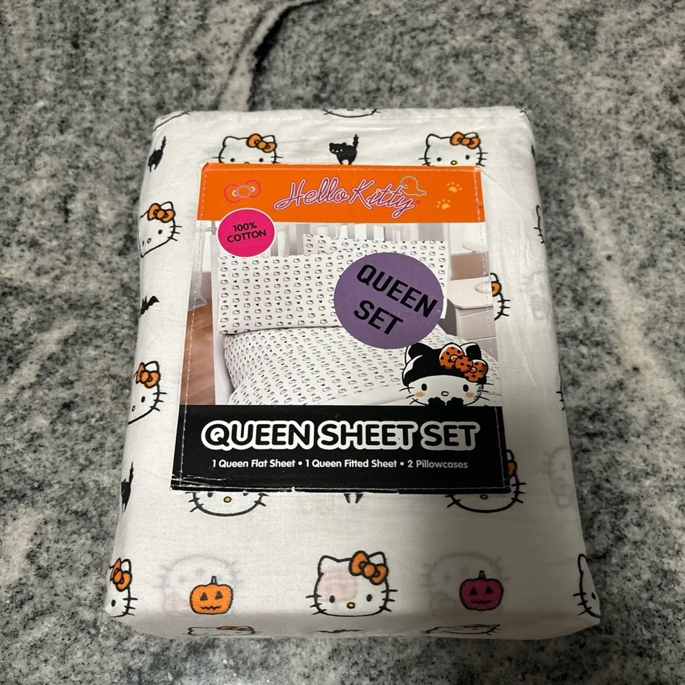 4-pcHello Kitty Sanrio Halloween pumpkin QUEEN size White 100%Cotton Sheet Set
